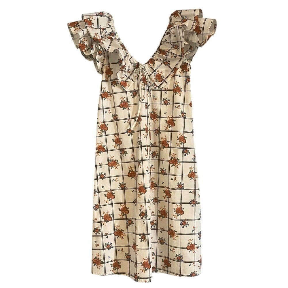 Zara Windowpane Floral White Ruffle Sleeve Midi Dress Medium Spring Cottagecore